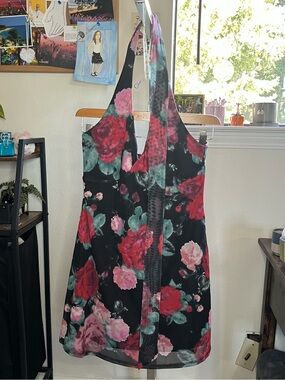 Black Floral Halter Dress with Red and Pink Roses